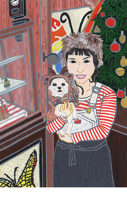 看板娘のニコちゃんと。クリスマスシーズンはトナカイのコスでお目見え。